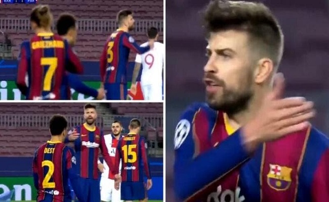شجار بين بيكيه وغريزمان خلال مباراة برشلونة وسان جيرمان...